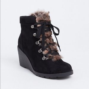 Torrid | Black Fur Faux Wedge Bootie